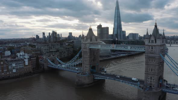 Aerial View to the Beautiful Tower Bridge and the Skyline of London