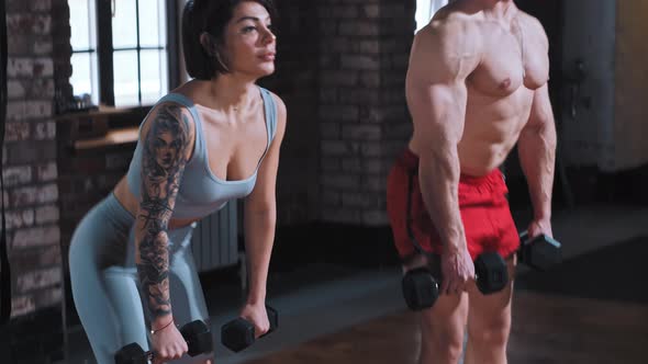 Attractive Couple Training in the Gym Man and Woman Training Their Hands with Dumbbells Leaning Down