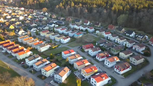 Aerial view of suburban area with residential houses.