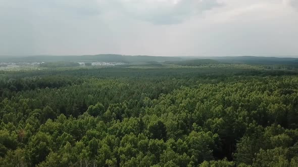 Flying Over a Green Forest Near a Small Town