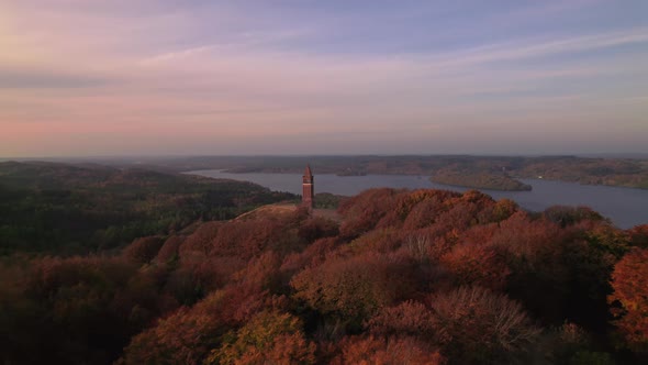 Drone Over Dense Forest With Tower And Lake