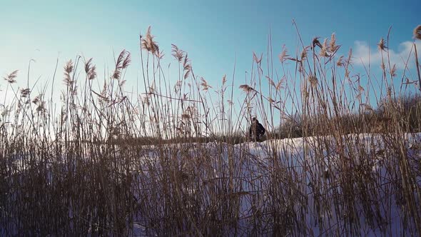 Guy Stuntman Does Cool Trick Jump Over Bushes in Snowdrift