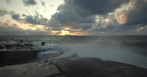 Stormy Sea Waves Hitting the Pier in Slow Motion