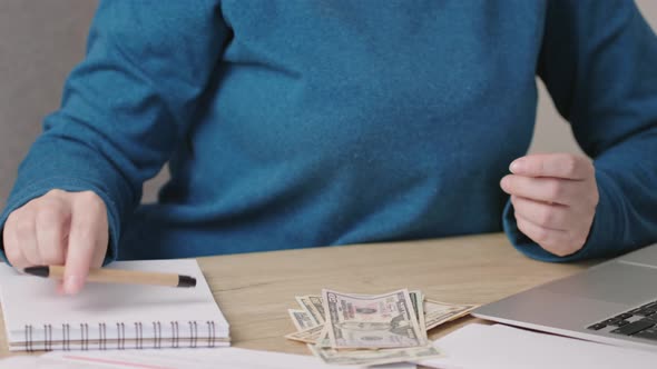 Caucasian Female Woman Hands Counting Paper American Dollar Money Calculator