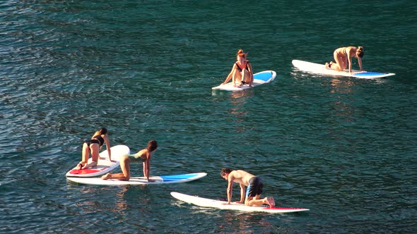 Group of Young Womens in Swimsuit Doing Yoga on Sup Board in Calm Sea Early Morning