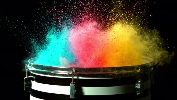 Super Slow Motion Shot of Drum Hit with Color Powder Explosion at 1000 Fps.