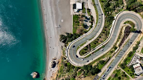 Traffic on the Beach Aerial View 4 K Turkey Antalya