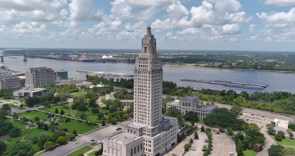 Aerial of Louisiana State Capital building and surrounding area in Baton Rouge, Louisiana