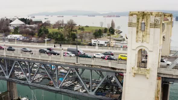 Freedom Convoy Protest 2022 In Vancouver, Canada. Heavy Traffic At Burrard Street Bridge Due To Road