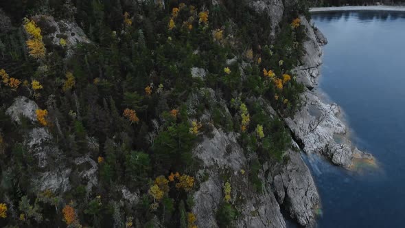 Drone flies around the coast of Alona Bay,  Lake Superior, Ontario, Canada