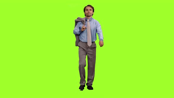 Business Man Walks on Green Background, Chroma Key