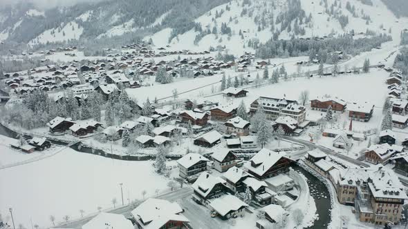 Aerial of beautiful snow covered town in Switzerland