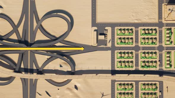 Yellow arrow showing the trip path on a simplistic GPS map. Mockup city model.4K