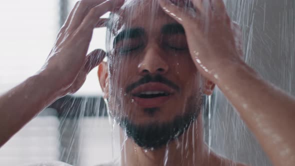Sexy Seductive Arab Bearded Man in Shower Washing Head Showering in Bathroom at Home Close Up
