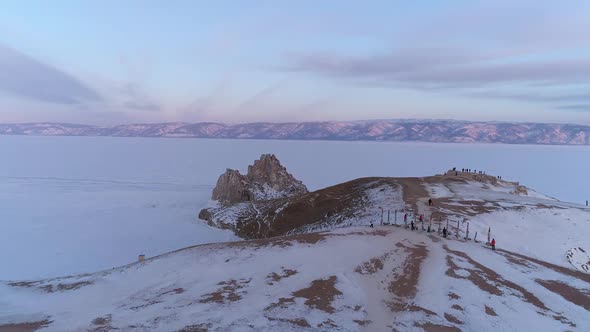 Aerial Shot of a Shamanka Rock and Burkhan Cape on Olkhon Island at Sunset