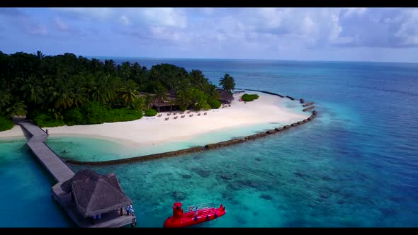Aerial above nature of perfect resort beach adventure by blue sea with clean sandy background of a d