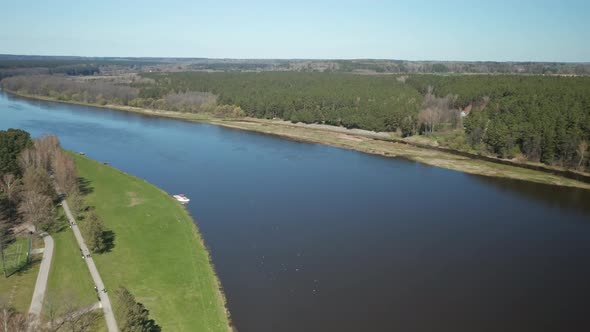 AERIAL: Seagulls Landing on River Nemunas on Sunny Day