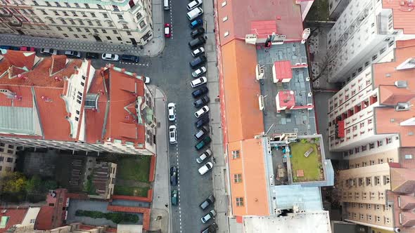 Deserted Downtown Streets in Prague Czech Republic. Birdseye Aerial View of Cars and Buildings Witho