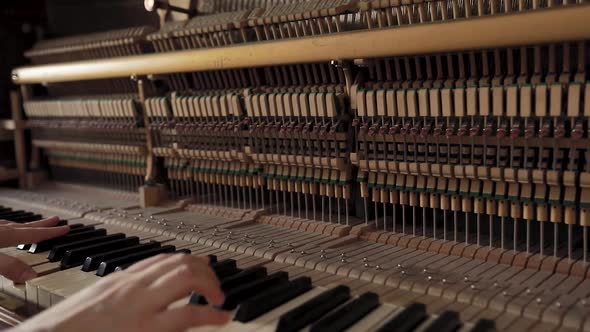 Woman Play on Open Vintage Wooden Piano