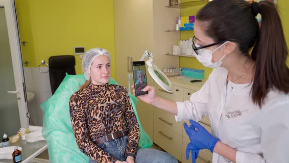 Cosmetologist Taking Photo of Clients Forehead with Wrinkles Before Botox Injection in Beauty Clinic