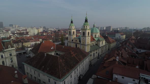 Aerial of Ljubljana Cathedral and other buildings