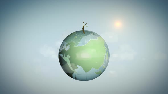 Plant blooms on green globe surrounded by clouds in sunlight. Green Planet - Growing seedlings. Anim
