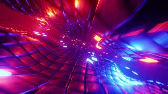 Flying through a futuristic tunnel with neon lights. Loop animation 003