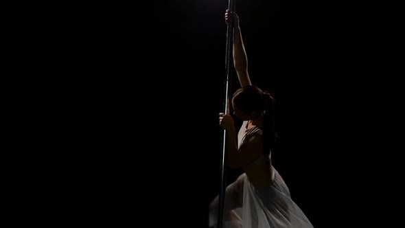 Female Dancer Performs Sexy Poledance on Pole . Black Background