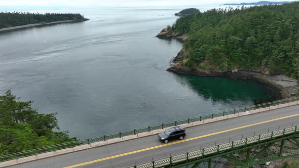 Aerial shot pulling away from the Fidalgo Island bridge to Whidbey Island.