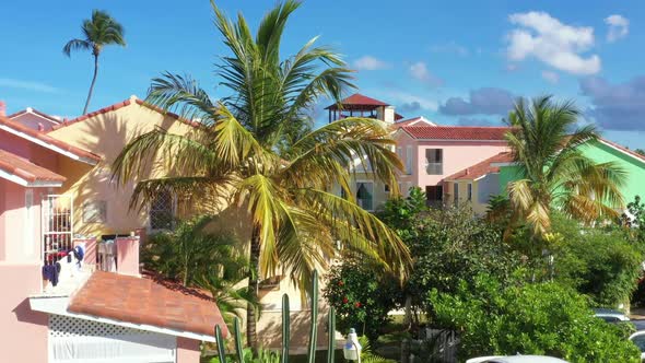 Aerial View From Drone on Caribbean House with Coconut Palm Trees