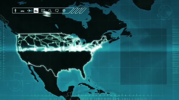 World map with US statistics: Population, Airports, Routes and Railroads. Blue.