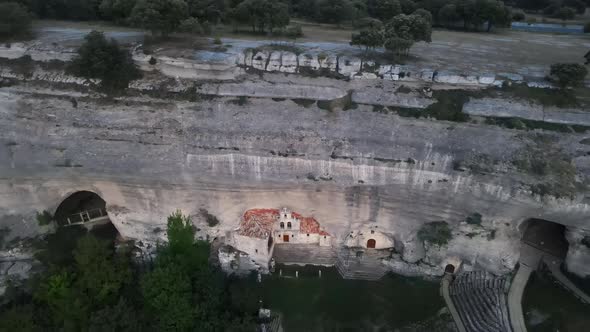 Aerial View of an Ancient Chapel in a Cave