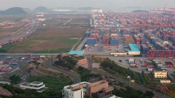 Yangshan Shanghai Container Port Terminal and Logistics Center Timelapse Zoom Out