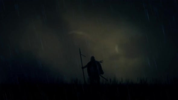 A Warrior Standing Alone In A Field Under Storm