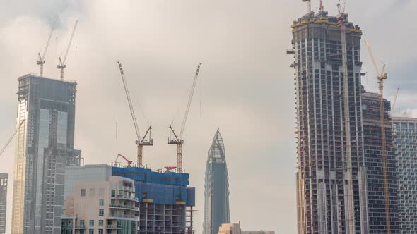 Cranes Working on Modern Constraction Site Works of New Skyscraper Timelapse