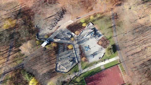 Playground and court in a park, aerial view