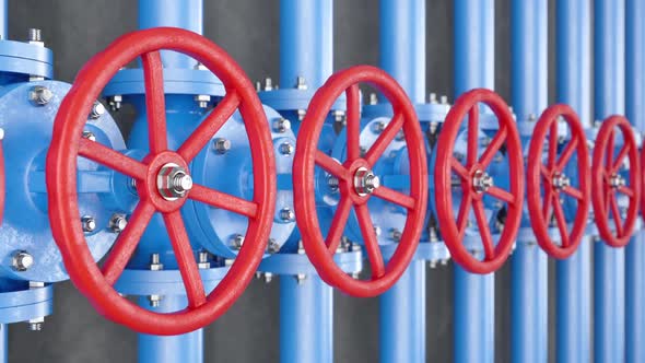 Blue Pipelines And Valves With Gray Wall Background