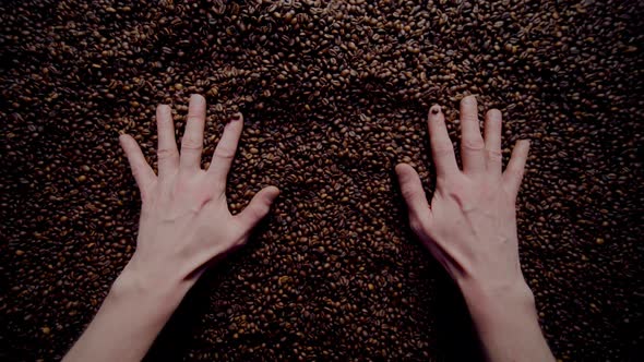 Man Hands Touching Coffee Seeds Large Heap Close Up