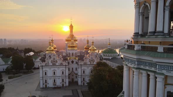 Kyiv-Pechersk Lavra in the Morning at Sunrise. Ukraine. Aerial View