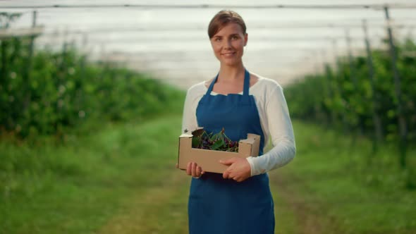 Garden Woman Presenting Harvest Box with Berry at Sunny Agriculture Plantation