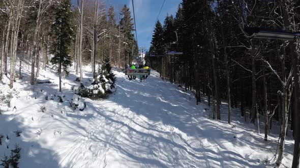 POV From Ski Chair Lift Between Pine Forest and Skiers Rising Up on Cableway