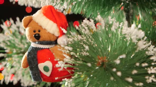 Unusual Decoration Like Teddy - a Toy on Christmas Tree, Bokeh, Light, Black, Garland, Cam Moves To