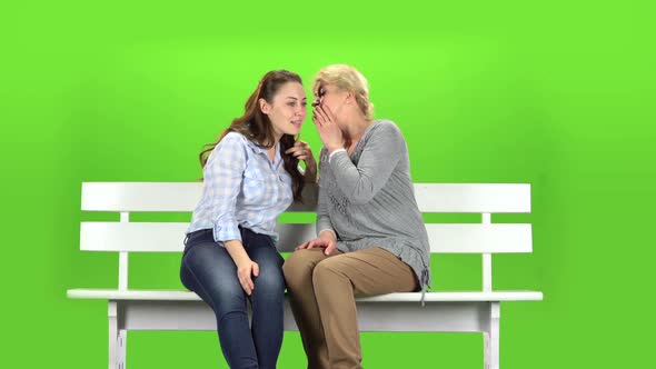 Daughter and Mom Are Sitting on a Bench. Green Screen