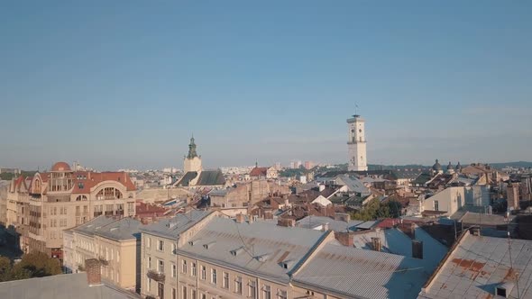 Aerial City Lviv, Ukraine. European City. Popular Areas of the City. Town Hall