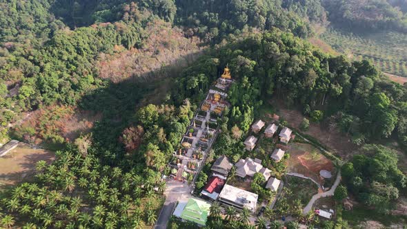 aerial drone of a unique temple with a golden buddha on a mountain surrounded by coconut trees in Ao