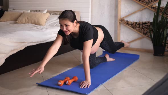 Young Pregnant Woman Doing Fitness and Yoga Exercises on Blue Mat at Home