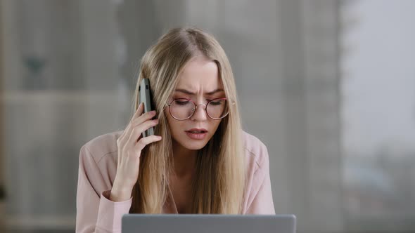 Angry Caucasian Woman Call Phone at Office Work Place Annoyed Girl Talking Mobile Conversation Upset