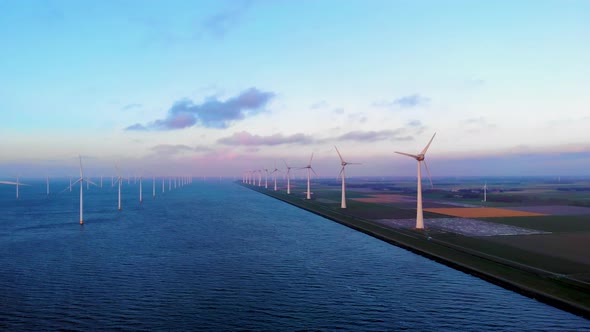 Windmill Park in the Ocean Drone Aerial View of Windmill Turbines Generating Green Energy Electric