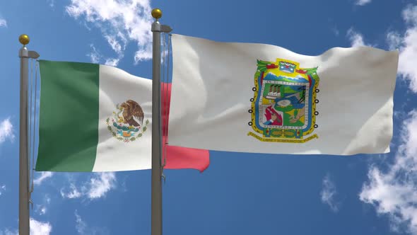 Mexico Flag Vs Puebla Flag On Flagpole