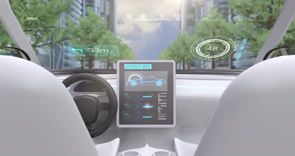 Video game simulation screen showing car cockpit driving through city streets alt